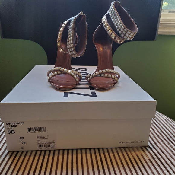 SCHUTZ Leather High Heel Stiletto Studded Strappy Ankle Cuff Sandals - Picture 3 of 6